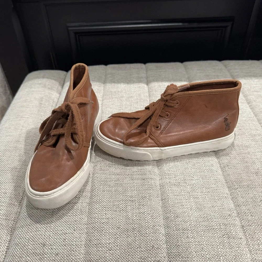 Polo Ralph Lauren Boys Youth Leather Hi Top Shoes/Boots Size 1 Brown Lace‎